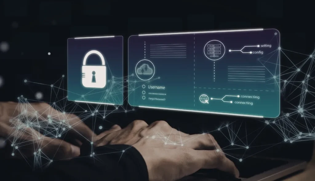 Hands typing on a keyboard with a digital login interface and lock graphics, comparing consumer-level RFID protection to enterprise-grade security systems.