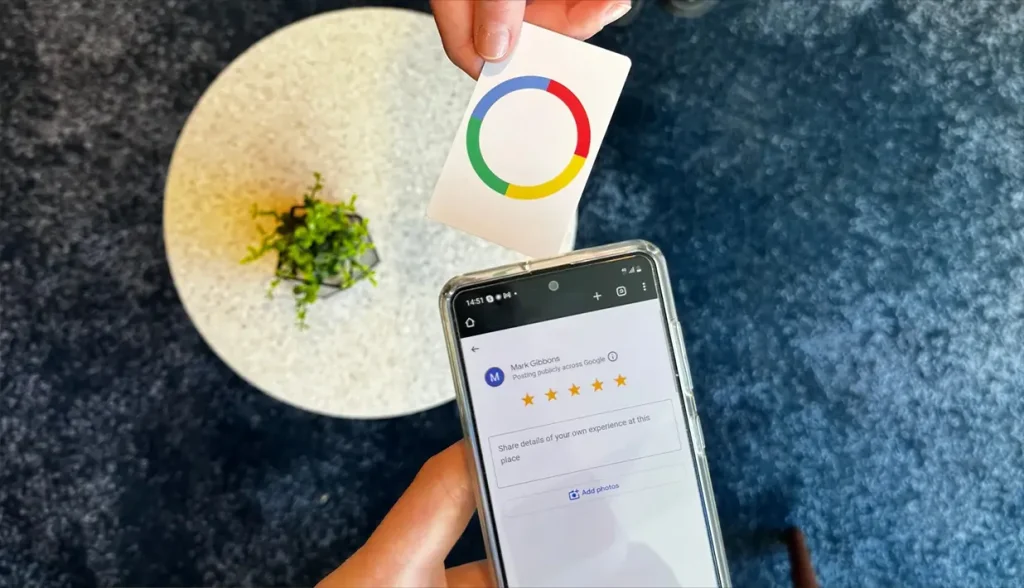 Guests using smartphones to interact with NFC-tagged products in a retail environment