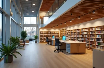 How RFID Smart Libraries Enable Self-Service Borrowing and Returning Modern, bright library interior with floor-to-ceiling windows, bookshelves, workstations, and seating areas.