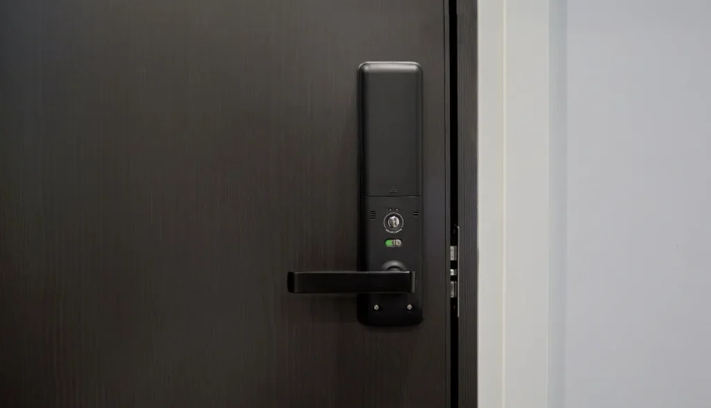 Close-up of a modern black smart door lock with an RFID chip compatibility indicator.
