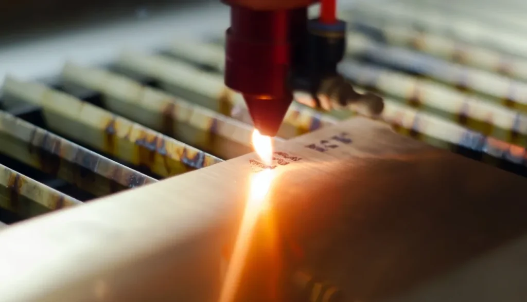 Laser engraving machine in action, etching designs onto a wooden surface with a bright flame.