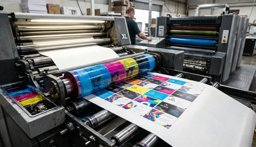 CMYK printing process applied on PVC card surface in industrial production