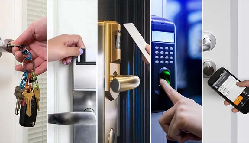 Comparison of different types of hotel key cards, including magnetic stripe, RFID, NFC, and mobile key technologies.