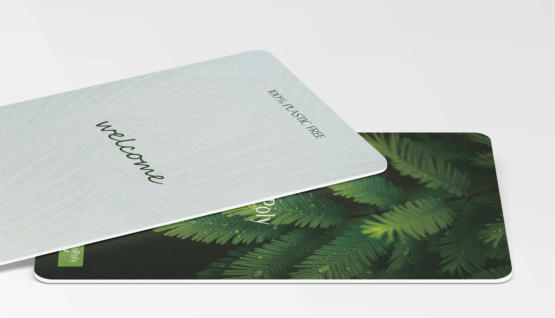 Modern eco-friendly plastic-free paper substrate smart card, sustainable biodegradable material, and green ecological hotel access control card scene display, demonstrating green internet of things radio frequency identification cards, ecological hotel key card customization, and sustainable packaging manufacturing.