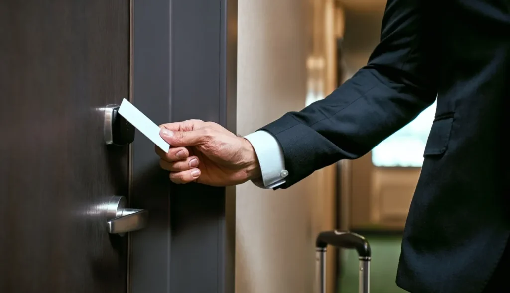 Hotel guest using a key card for faster and more convenient room access.