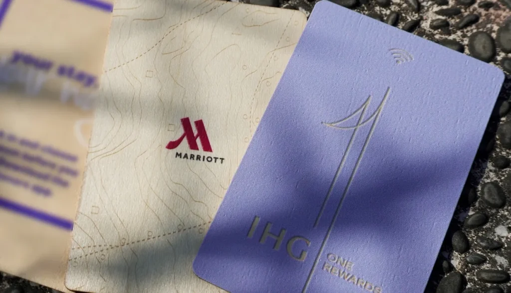 Custom hotel key cards showcasing branding and promotional opportunities.