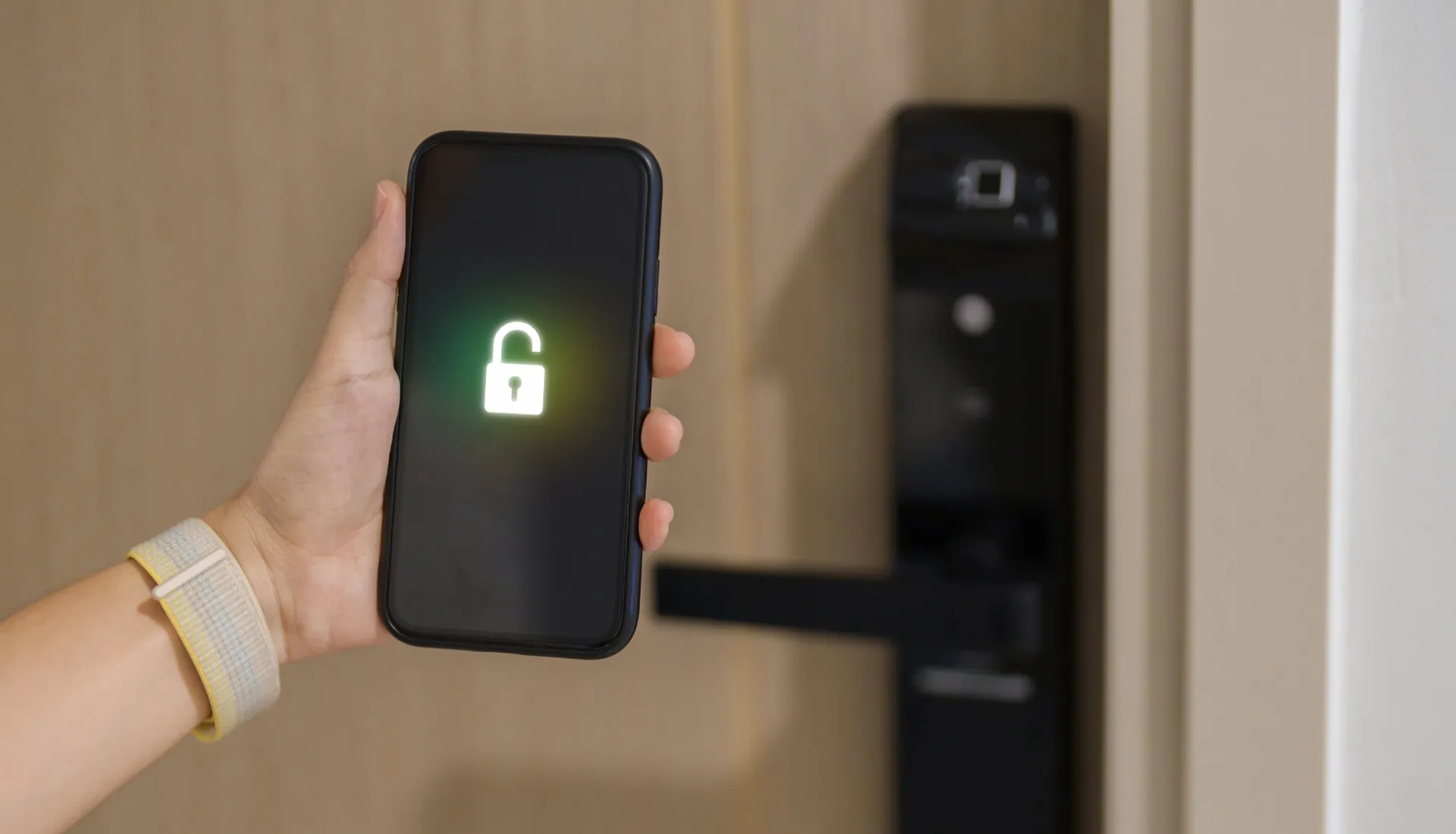 User unlocking with a digital unlocking icon displayed on a smartphone screen at an electronic door lock induction area for contactless mobile access control, demonstrating IoT smart hotel mobile key systems, digital identity credentials, and modern entry management.