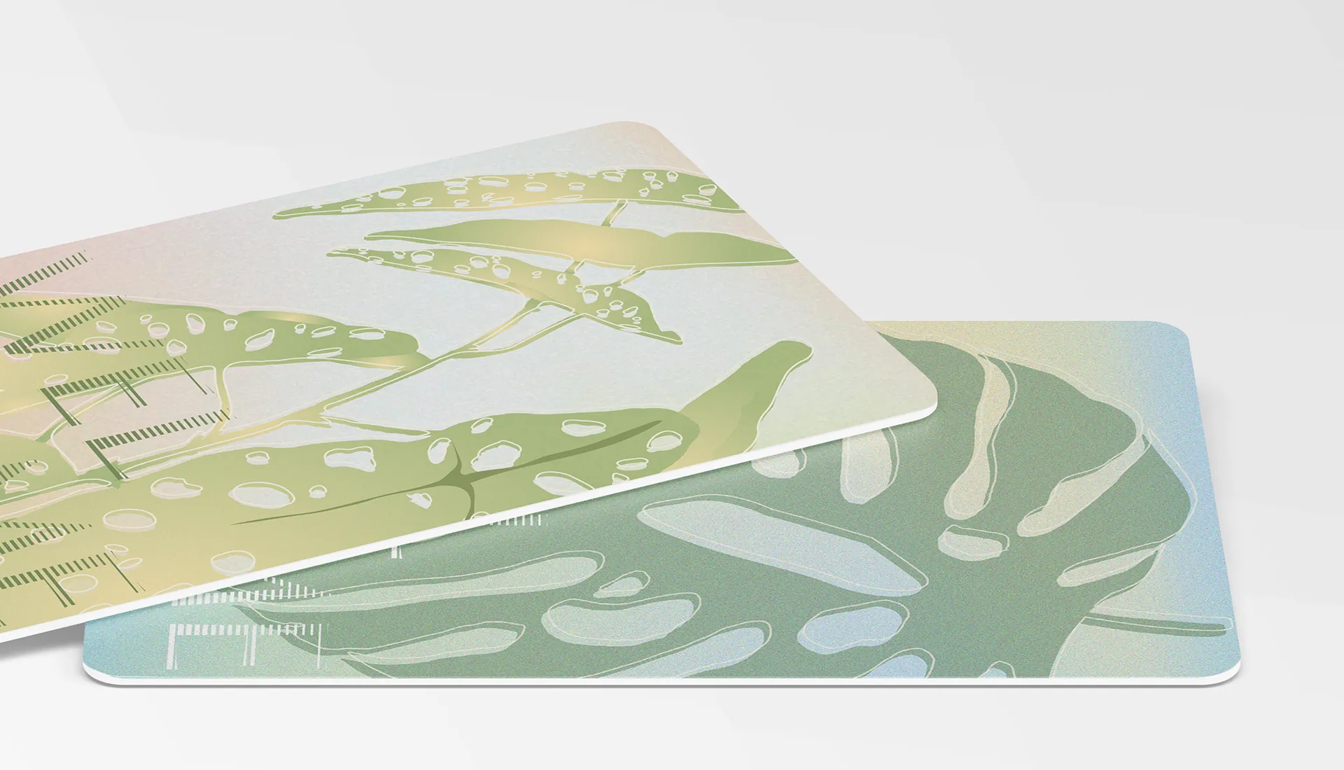 Modern standard PVC radio frequency identification smart card, dual-side exquisite green leaf pattern design, and commercial access control card scene display, demonstrating IoT high-frequency passive smart cards, hotel guest room key card customization, and durable identification credential manufacturing.