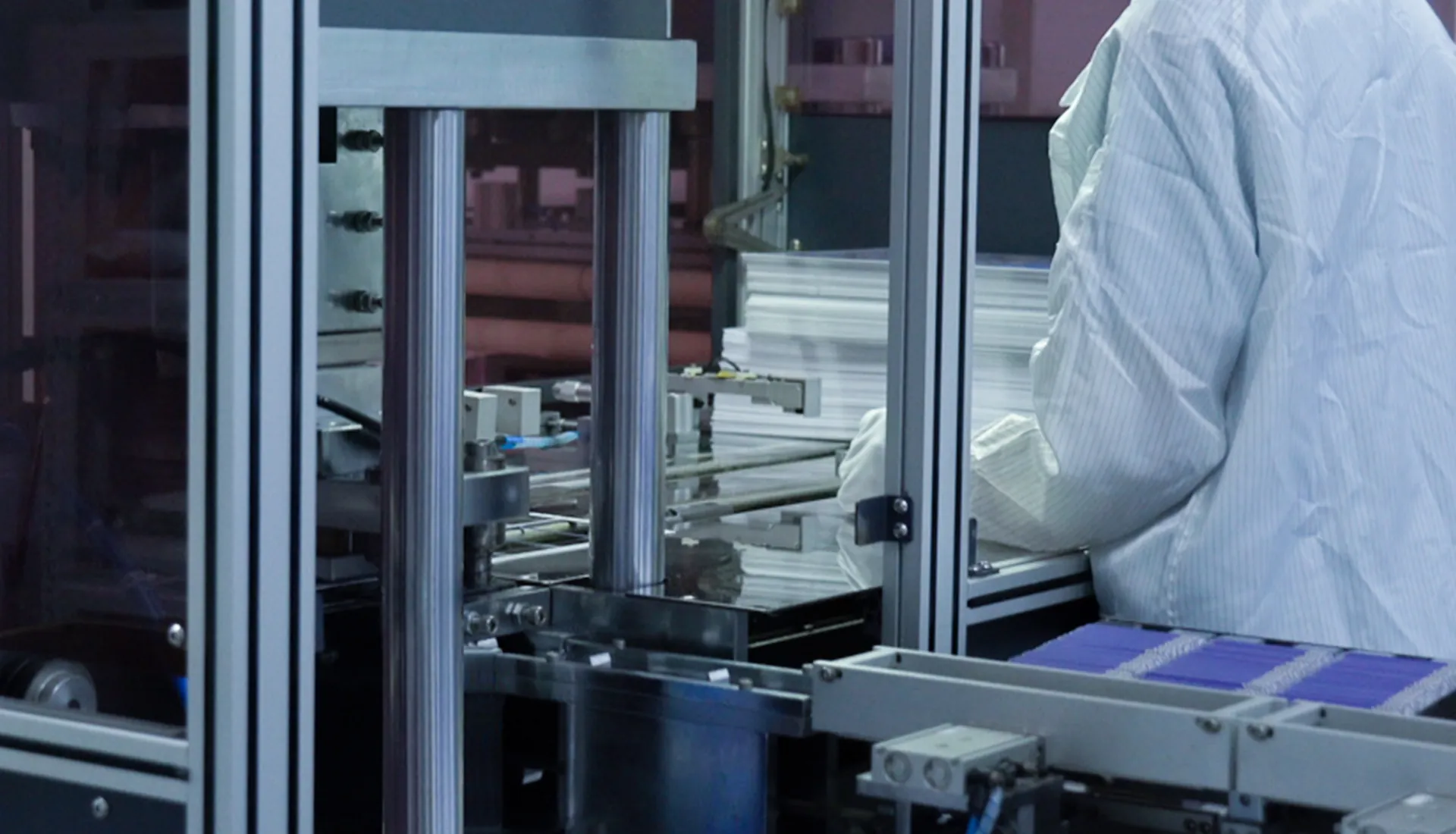 Why-Choose-Us Modern industrial automated manufacturing workshop, smart card high-speed production assembly line, and technician operating beside precision machinery scene display, demonstrating IoT hardware manufacturing factory strength, bulk custom production capability, and quality control systems.