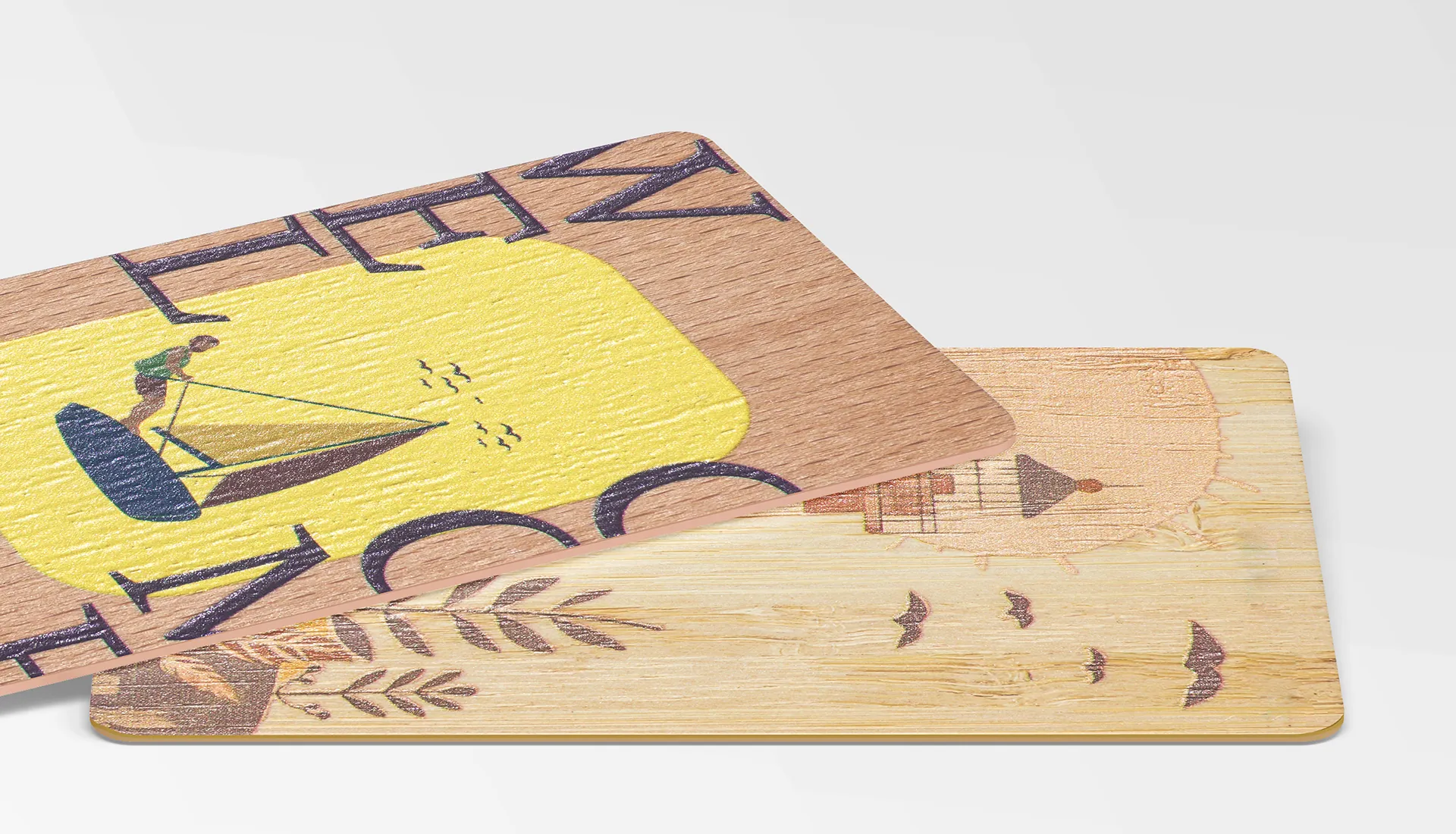 Modern natural wooden substrate radio frequency identification smart card, dual-side exquisite resort-style pattern, and ecological wooden access control card scene display, demonstrating IoT green eco-friendly RFID cards, sustainable resort key card customization, and wooden smart hardware manufacturing.